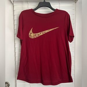 Great Condition - Women’s Dark Red Nike Tee with Gold Foil Floral Swoosh